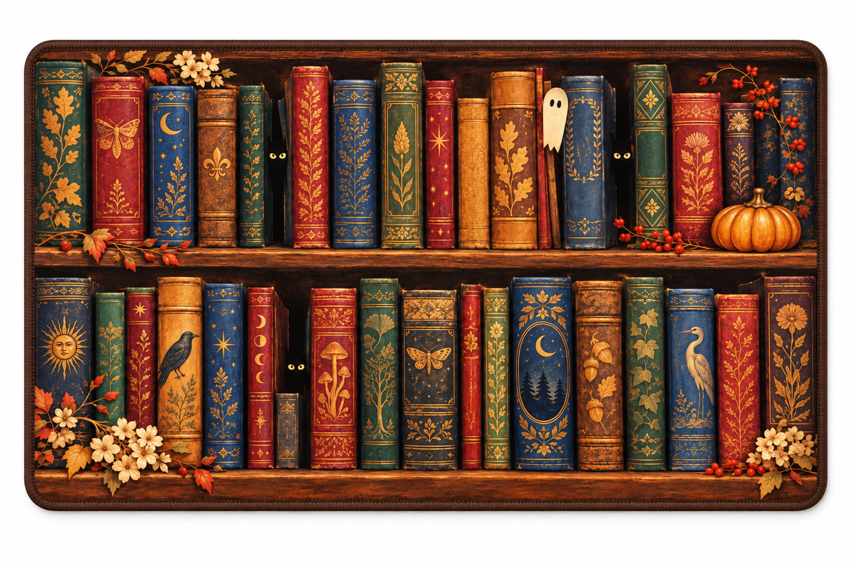 Haunted Bookcase Printed Floor Mat on a white background, showing the complete printed design.