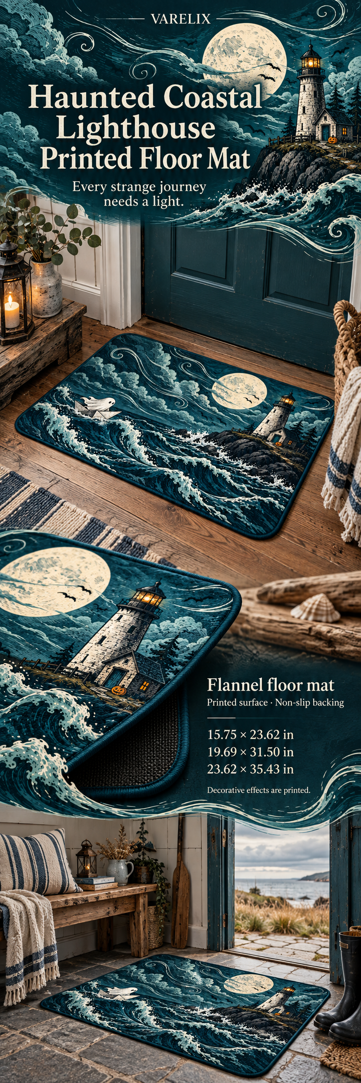 Haunted Coastal Lighthouse Printed Floor Mat by VARELIX, A+ detail poster with verified material, sizes and included items.