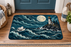 Haunted Coastal Lighthouse Printed Floor Mat, lifestyle view 1: One mat laid flat INSIDE the front door, full landscape mat and all four rounded corners visible at small accent-mat scale, angled downward photography.