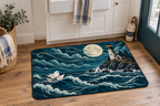 Haunted Coastal Lighthouse Printed Floor Mat, lifestyle view 2: One mat on the kitchen floor in front of a sink or coffee station, full printed surface readable, no furniture hiding the design.