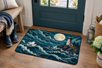 Haunted Coastal Lighthouse Printed Floor Mat, lifestyle view 3: One mat in a tidy indoor mudroom beside a small bench, photographed slightly above with realistic 16 by 24 inch scale.