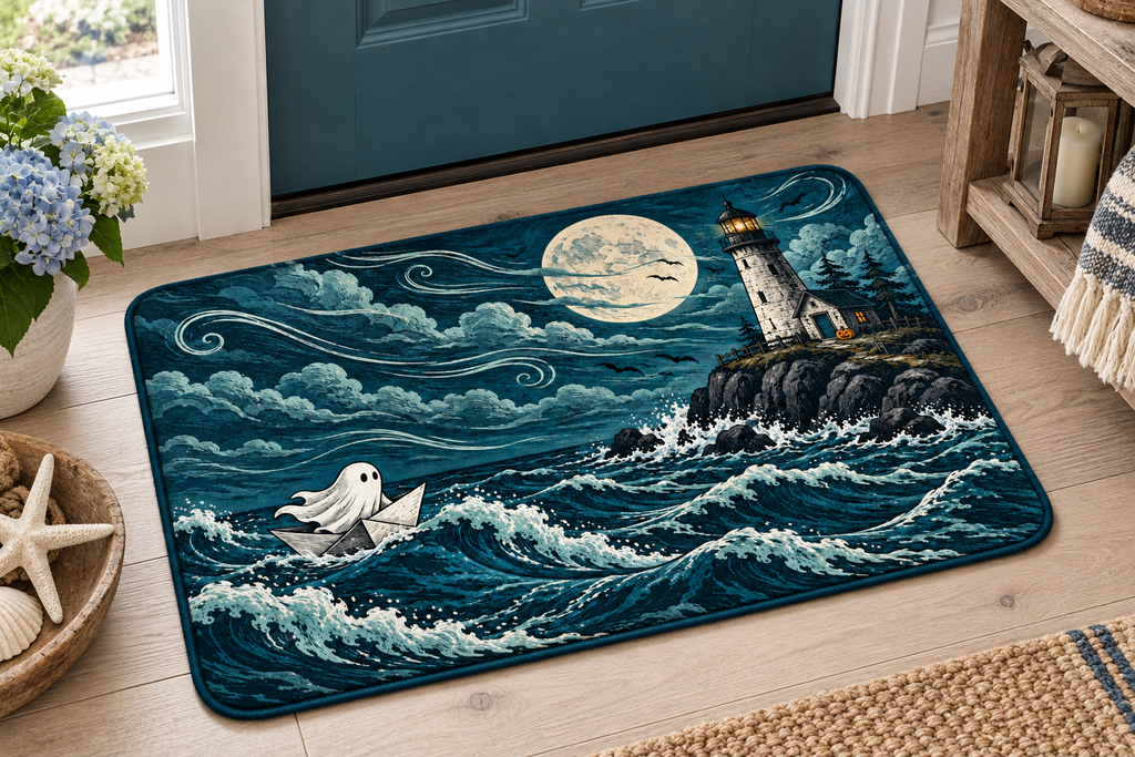 Haunted Coastal Lighthouse Printed Floor Mat, lifestyle view 4: Close overhead-oblique view of one mat on a clean pale-wood floor near a cabinet, all four corners in frame, soft side light reveals short flannel nap.