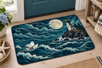 Haunted Coastal Lighthouse Printed Floor Mat, lifestyle view 4: Close overhead-oblique view of one mat on a clean pale-wood floor near a cabinet, all four corners in frame, soft side light reveals short flannel nap.