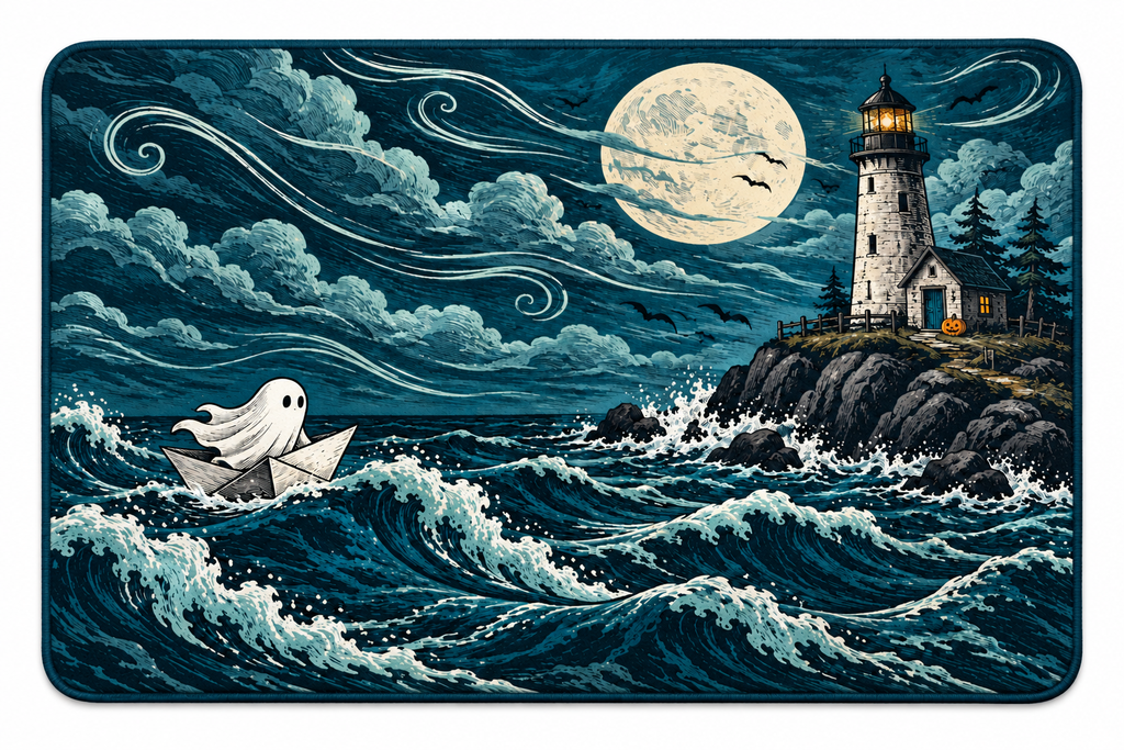 Haunted Coastal Lighthouse Printed Floor Mat on a white background, showing the complete printed design.