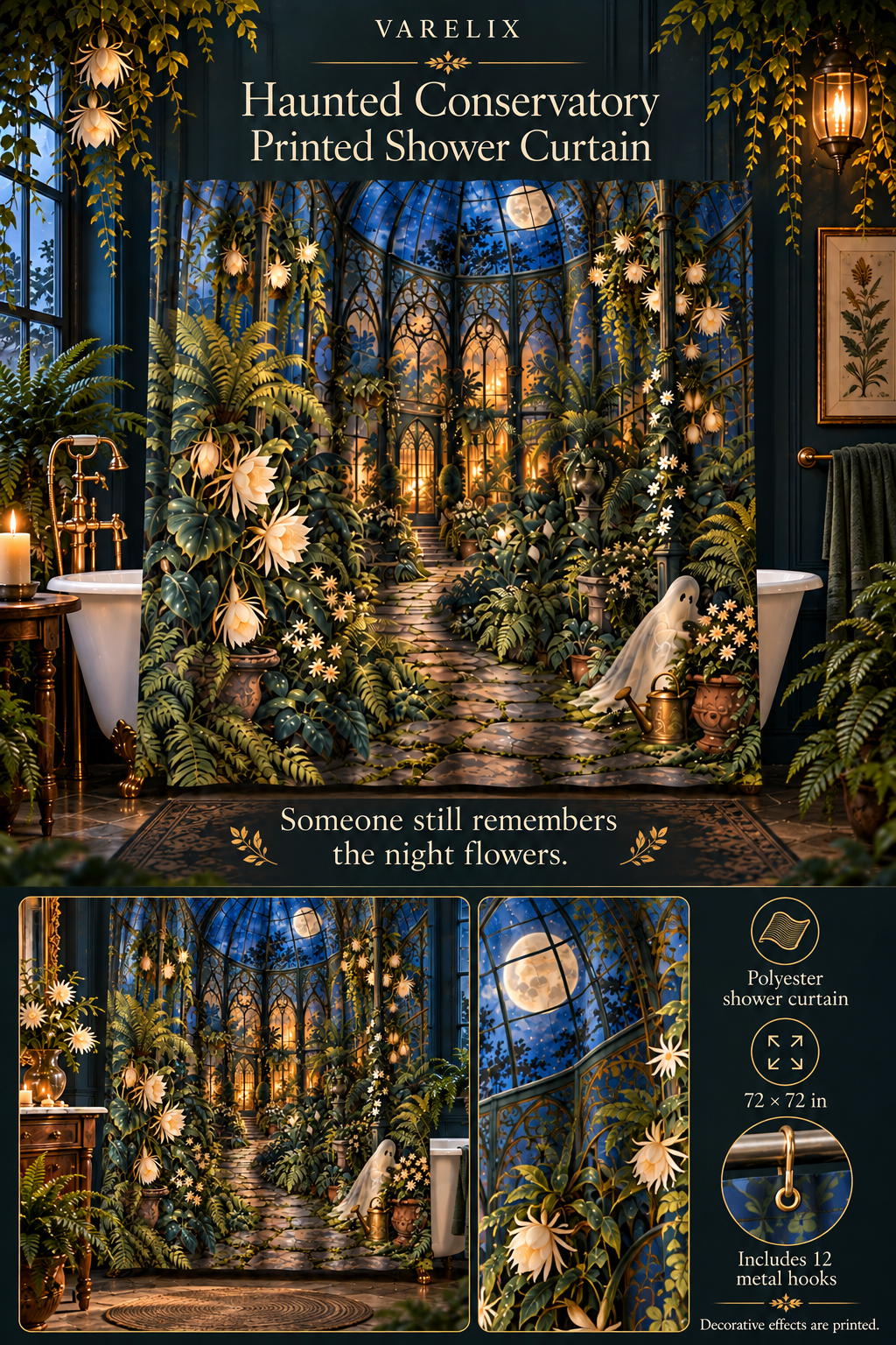 Haunted Conservatory Printed Shower Curtain by VARELIX, A+ detail poster with verified material, sizes and included items.