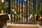 Haunted Conservatory Printed Shower Curtain, lifestyle view 2: Three-quarter view of a standard tub and square curtain, entire product visible with soft vertical folds, no window or fixture passing through cloth.