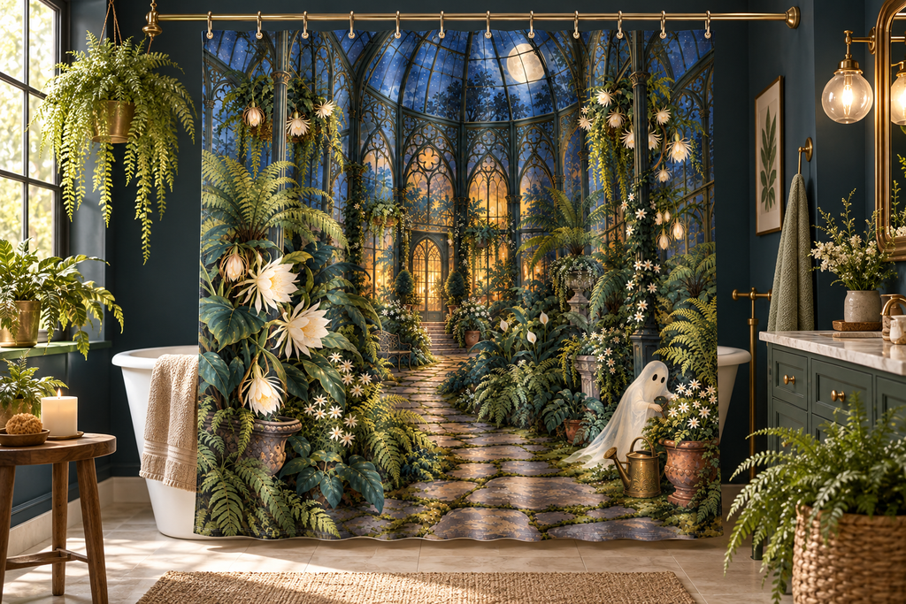 Haunted Conservatory Printed Shower Curtain, lifestyle view 3: A bright bathroom with square curtain as the dominant focal wall, medium-wide editorial view, all 12 hooks visible, camera at natural eye level.