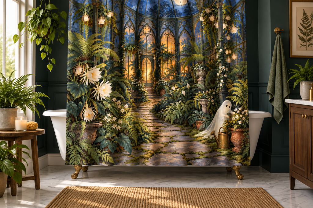 Haunted Conservatory Printed Shower Curtain, lifestyle view 4: Closer front-angle bathroom view focused on the full square printed curtain, restrained surroundings, realistic fabric folds without hiding the central design.
