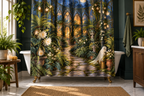 Haunted Conservatory Printed Shower Curtain, lifestyle view 4: Closer front-angle bathroom view focused on the full square printed curtain, restrained surroundings, realistic fabric folds without hiding the central design.