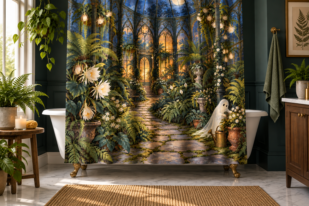 Haunted Conservatory Printed Shower Curtain, lifestyle view 4: Closer front-angle bathroom view focused on the full square printed curtain, restrained surroundings, realistic fabric folds without hiding the central design.