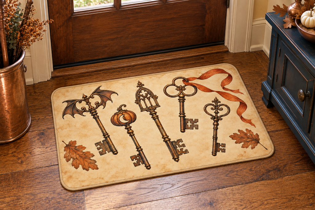 Haunted House Antique Keys Printed Floor Mat, lifestyle view 1: One mat laid flat INSIDE the front door, full landscape mat and all four rounded corners visible at small accent-mat scale, angled downward photography.