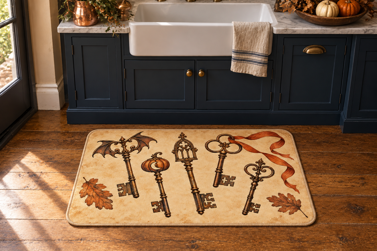 Haunted House Antique Keys Printed Floor Mat, lifestyle view 2: One mat on the kitchen floor in front of a sink or coffee station, full printed surface readable, no furniture hiding the design.