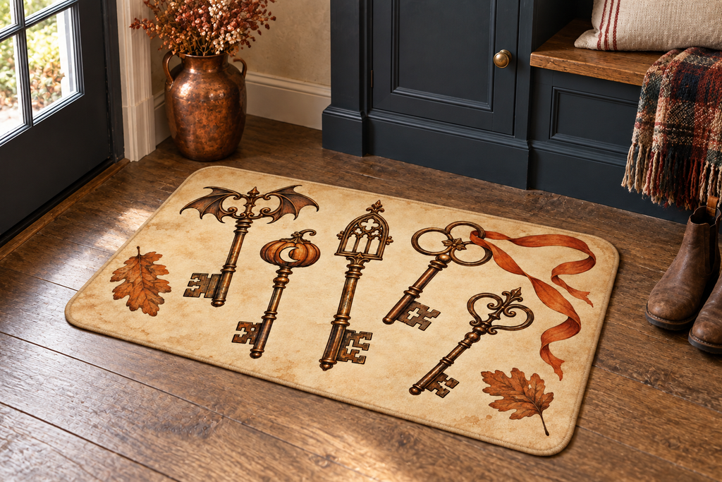 Haunted House Antique Keys Printed Floor Mat, lifestyle view 3: One mat in a tidy indoor mudroom beside a small bench, photographed slightly above with realistic 16 by 24 inch scale.