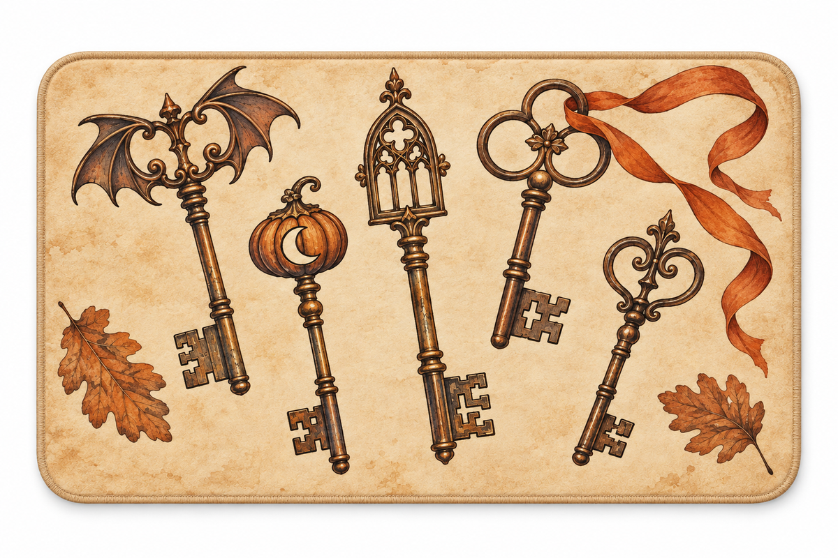Haunted House Antique Keys Printed Floor Mat on a white background, showing the complete printed design.