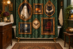 Haunted Portrait Gallery Printed Shower Curtain, lifestyle view 1: Curtain fully drawn across a standard tub, nearly frontal view, entire square print readable, exactly 12 metal hooks on straight rod, no floor-length distortion.