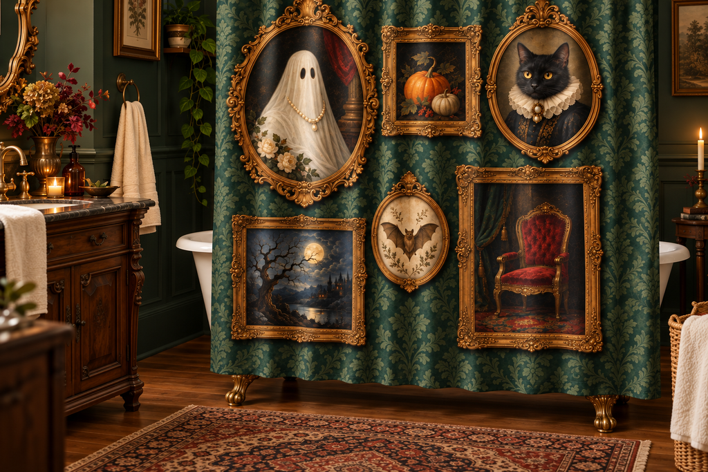 Haunted Portrait Gallery Printed Shower Curtain, lifestyle view 2: Three-quarter view of a standard tub and square curtain, entire product visible with soft vertical folds, no window or fixture passing through cloth.