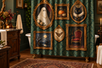 Haunted Portrait Gallery Printed Shower Curtain, lifestyle view 2: Three-quarter view of a standard tub and square curtain, entire product visible with soft vertical folds, no window or fixture passing through cloth.