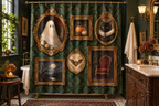 Haunted Portrait Gallery Printed Shower Curtain, lifestyle view 3: A bright bathroom with square curtain as the dominant focal wall, medium-wide editorial view, all 12 hooks visible, camera at natural eye level.