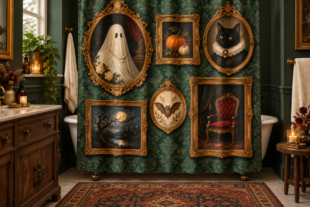 Haunted Portrait Gallery Printed Shower Curtain, lifestyle view 4: Closer front-angle bathroom view focused on the full square printed curtain, restrained surroundings, realistic fabric folds without hiding the central design.