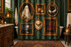 Haunted Portrait Gallery Printed Shower Curtain, lifestyle view 4: Closer front-angle bathroom view focused on the full square printed curtain, restrained surroundings, realistic fabric folds without hiding the central design.
