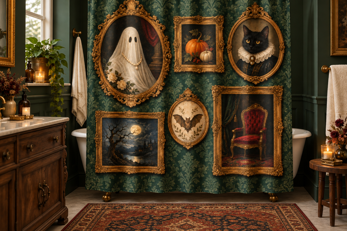 Haunted Portrait Gallery Printed Shower Curtain, lifestyle view 4: Closer front-angle bathroom view focused on the full square printed curtain, restrained surroundings, realistic fabric folds without hiding the central design.