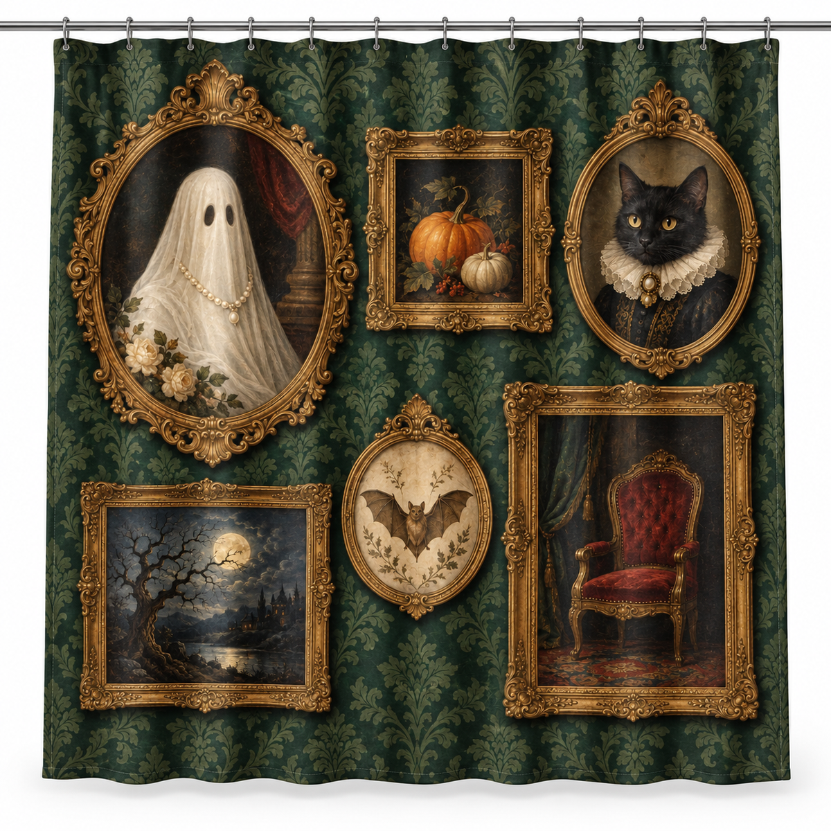Haunted Portrait Gallery Printed Shower Curtain on a white background, showing the complete printed design.