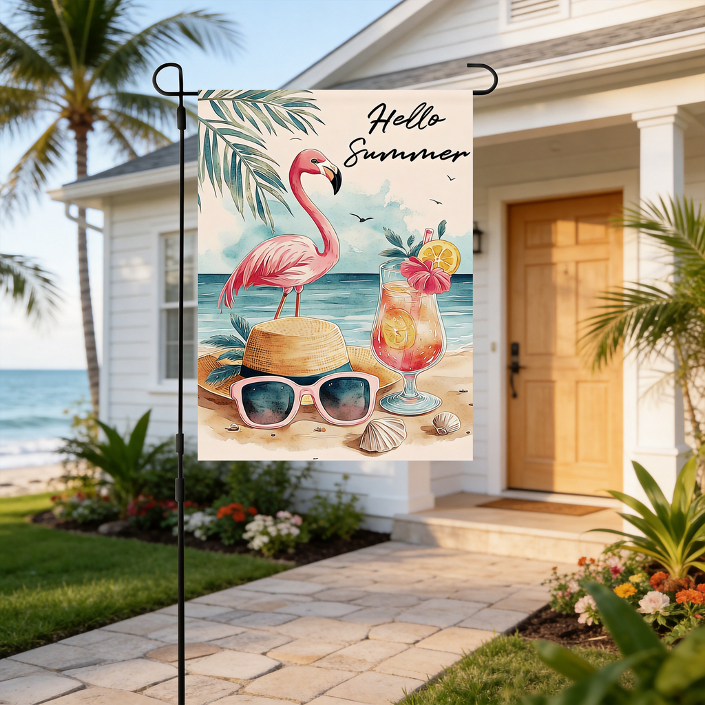 Hello Summer flamingo garden flag displayed by a beach house entrance