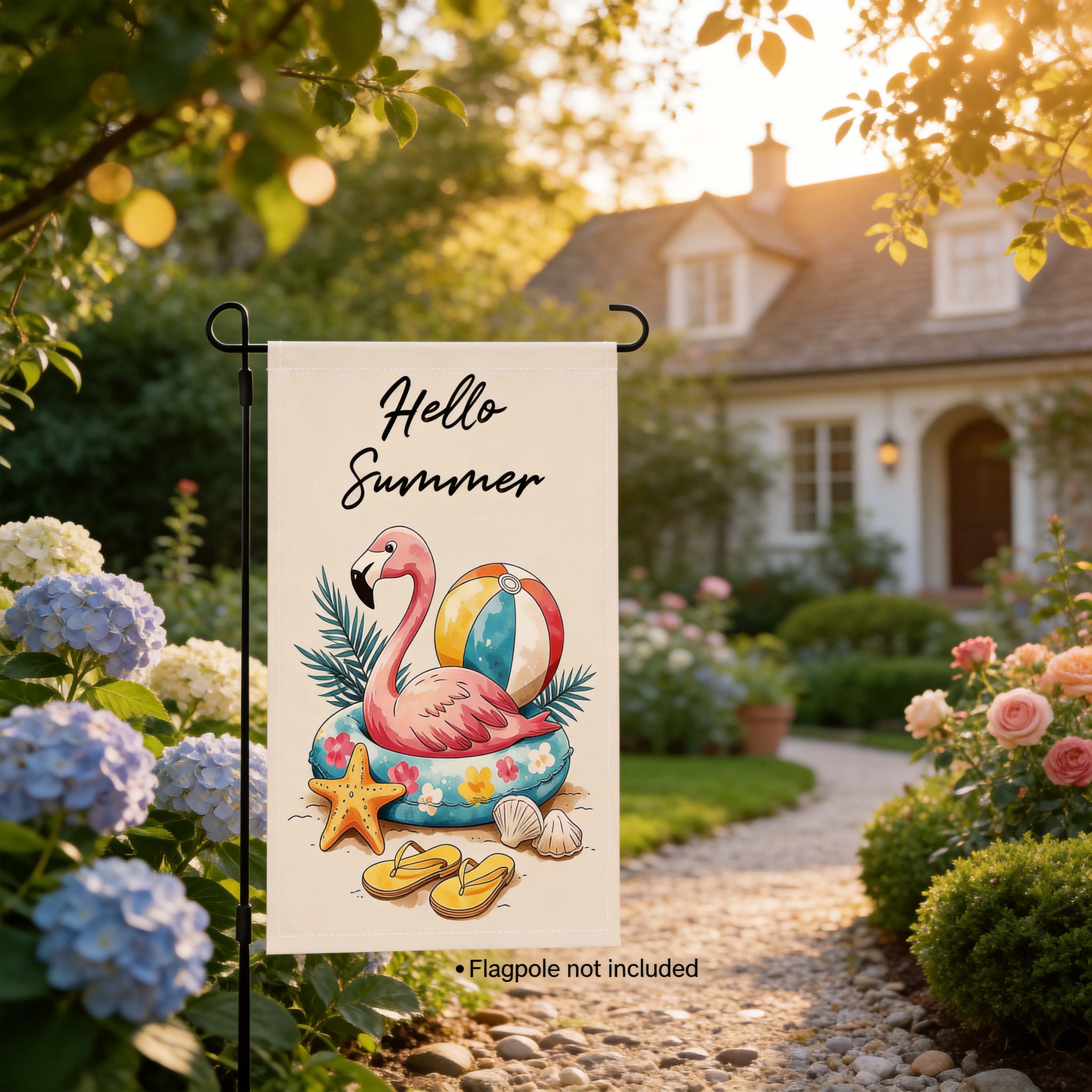 Hello Summer flamingo garden flag in a warm cottage garden setting