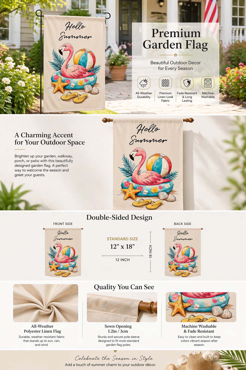 Hello Summer flamingo garden flag infographic showing size, fabric, and features