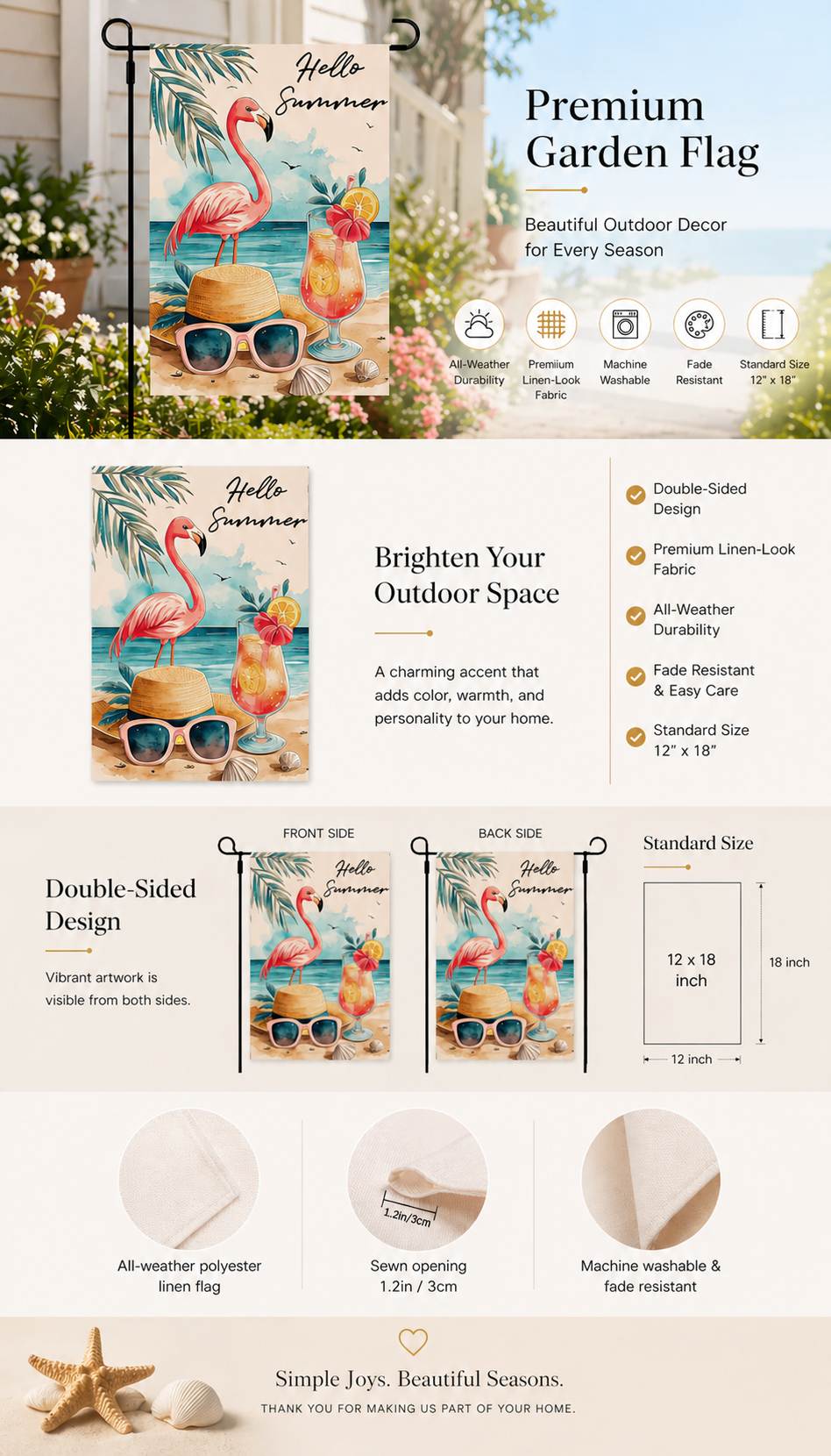 Hello Summer flamingo garden flag infographic showing size, fabric, and features