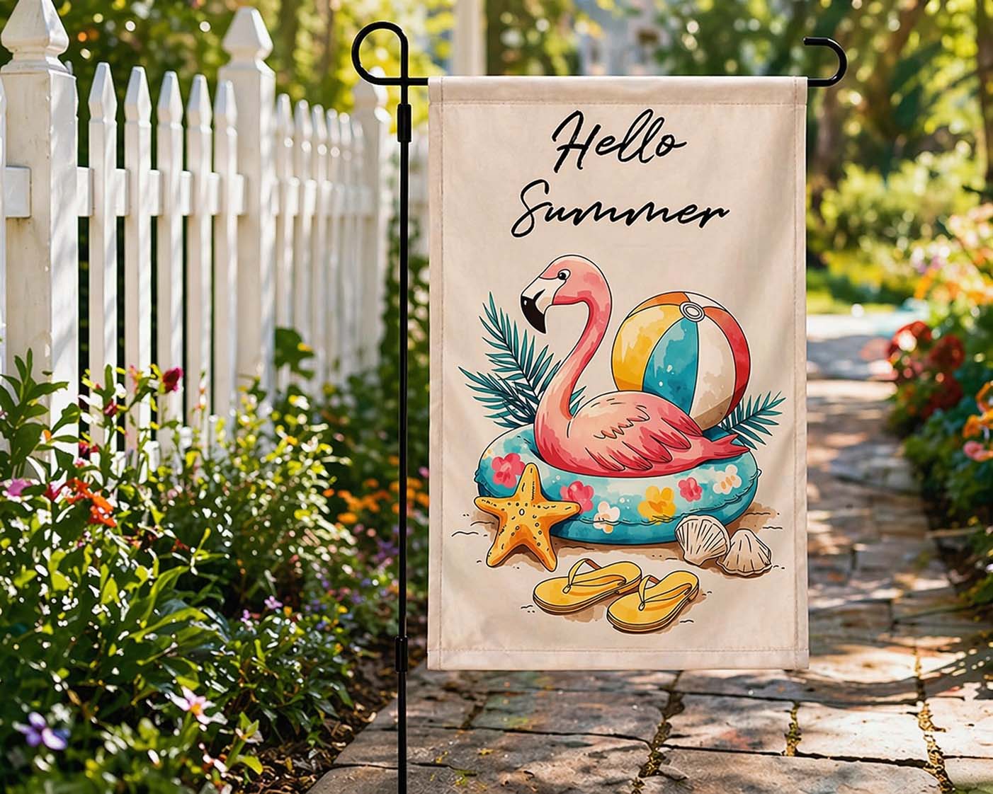 Hello Summer flamingo garden flag displayed along a sunny garden walkway