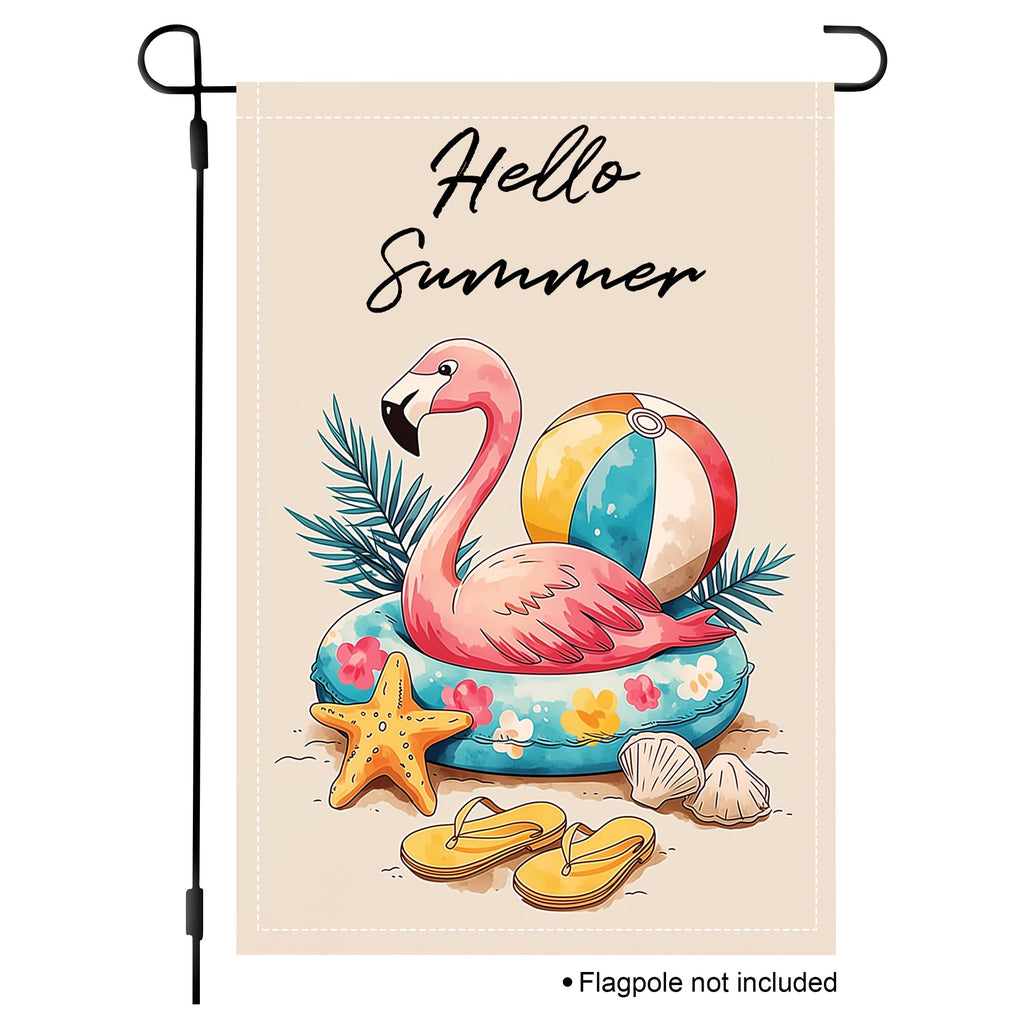 Hello Summer flamingo garden flag with beach ball and coastal accents