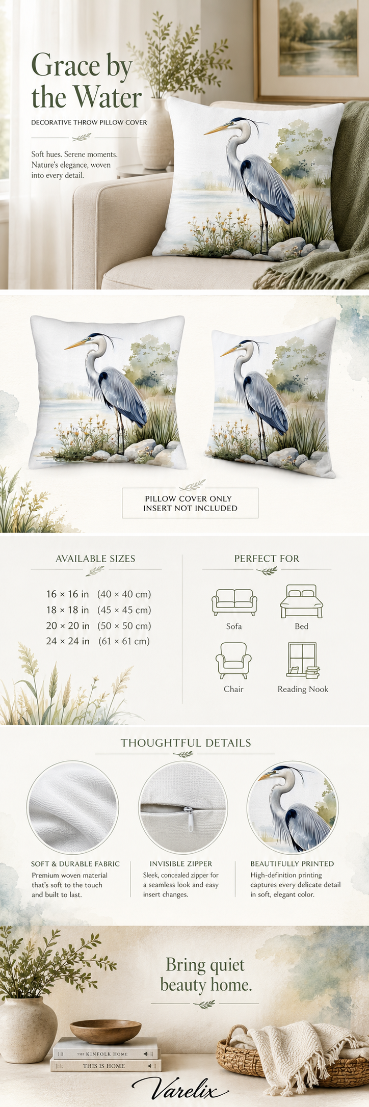 Decorative heron pillow cover infographic showing sizes, styling ideas, and fabric details.