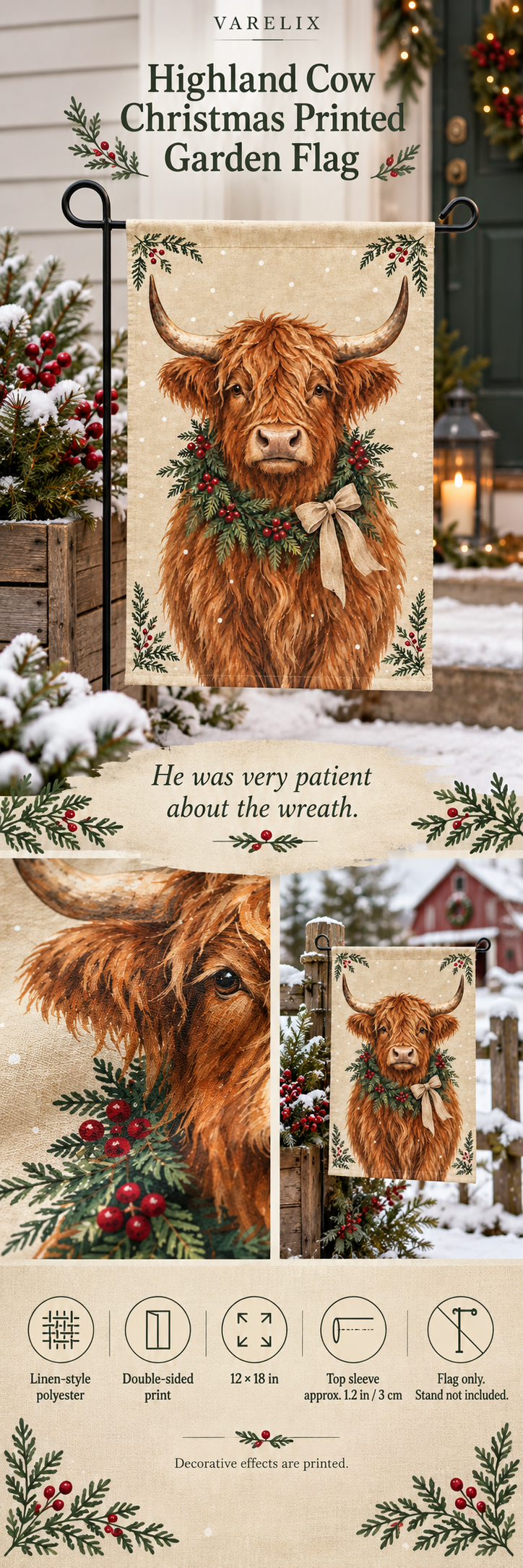 Highland Cow Christmas Printed Garden Flag by VARELIX, A+ detail poster with verified material, sizes and included items.