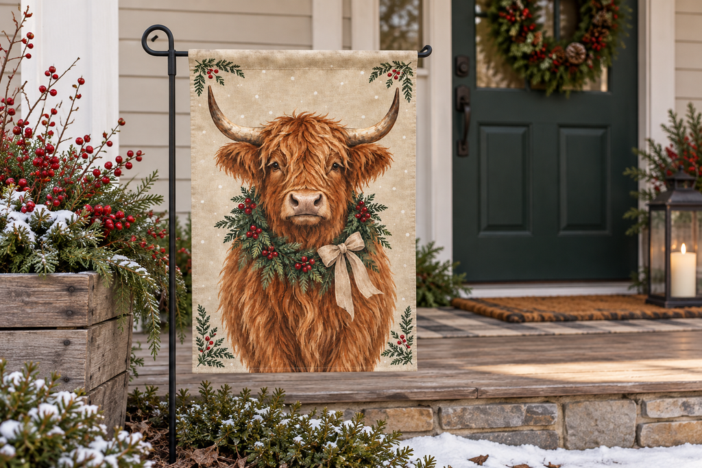 Highland Cow Christmas Printed Garden Flag, lifestyle view 1: One flag on a simple separate black L-shaped garden stake beside a front porch planter, all of the flag readable, late-afternoon natural light.