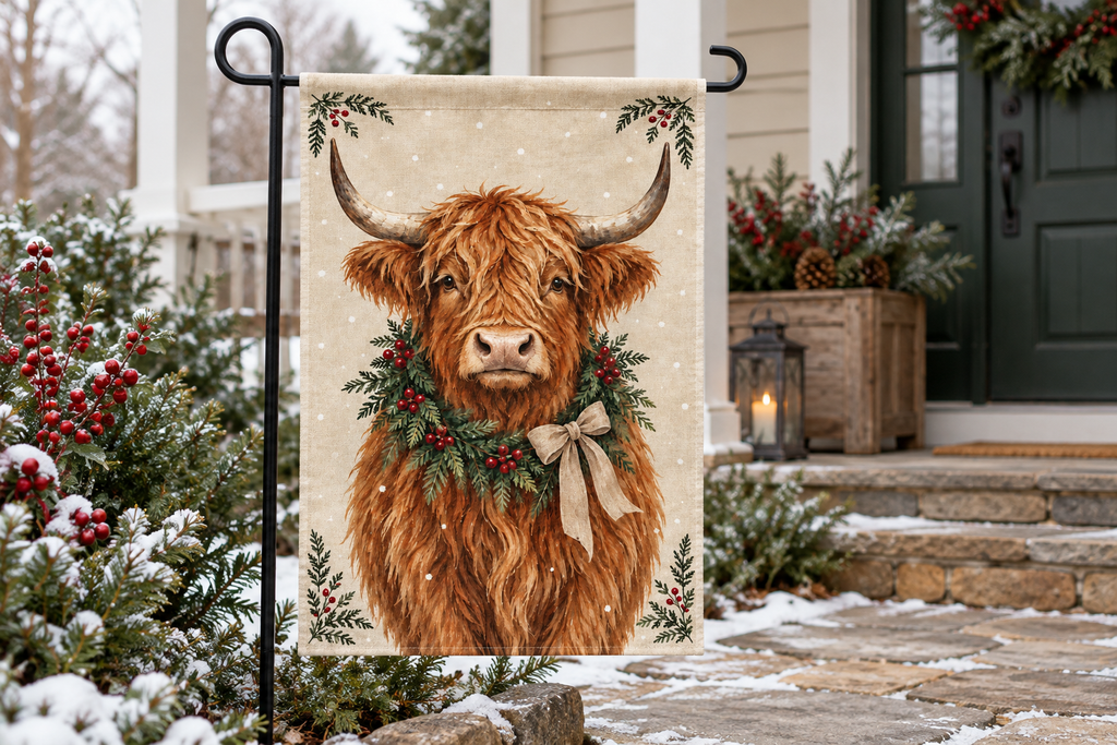 Highland Cow Christmas Printed Garden Flag, lifestyle view 2: One flag on a separate black garden stake along a short garden path, lower garden view with planting behind; no people, full rectangle visible.