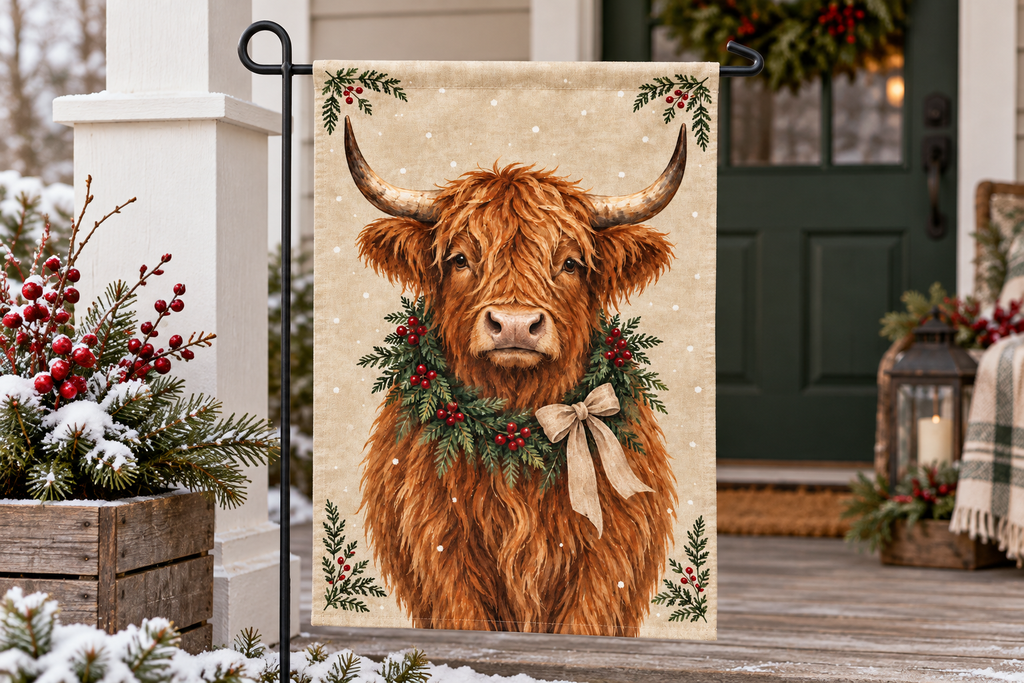 Highland Cow Christmas Printed Garden Flag, lifestyle view 3: Closer view of the flag on its separate black L-shaped stake near a porch post, the real cloth top sleeve threading over the horizontal bar, print clearly readable.