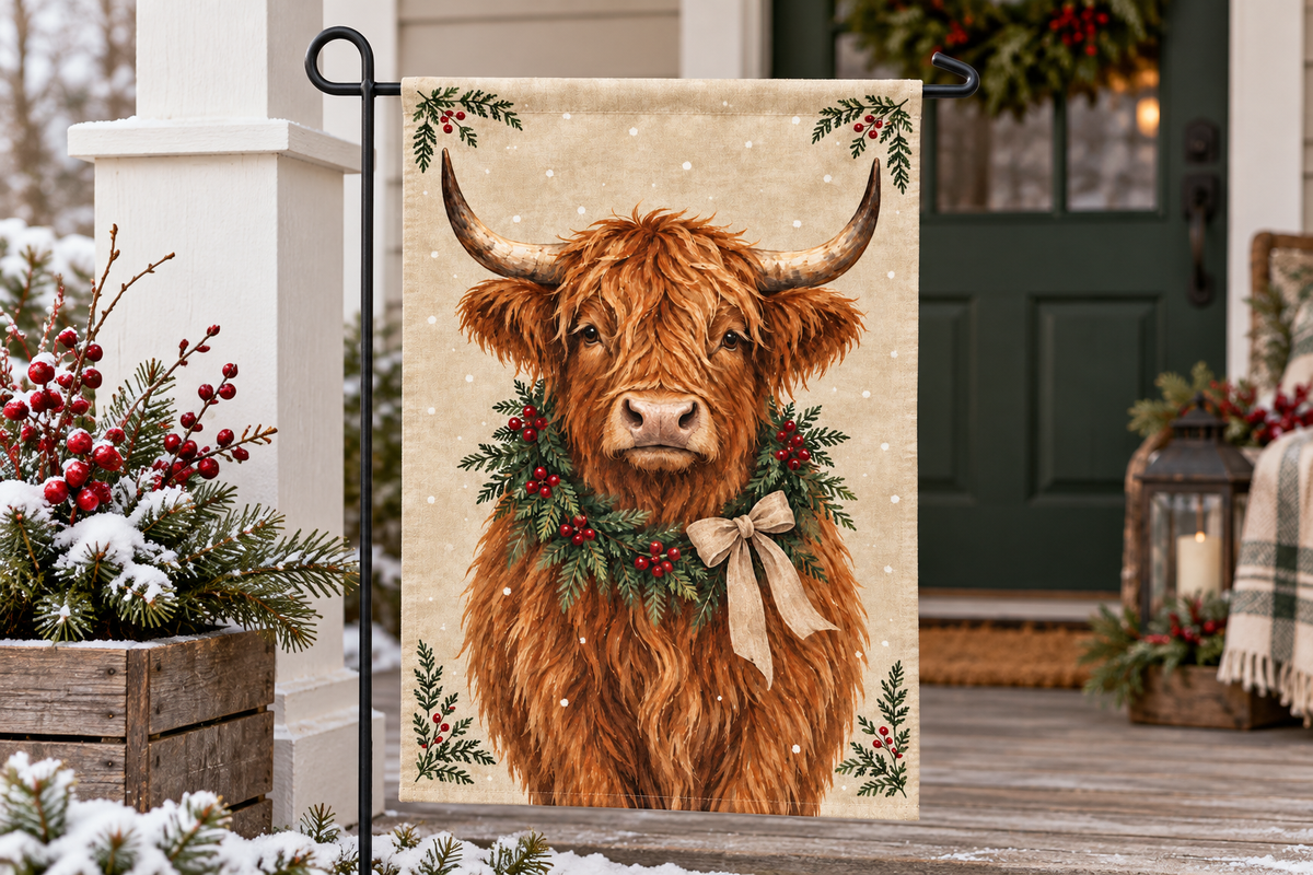 Highland Cow Christmas Printed Garden Flag, lifestyle view 3: Closer view of the flag on its separate black L-shaped stake near a porch post, the real cloth top sleeve threading over the horizontal bar, print clearly readable.