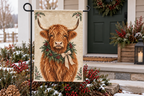 Highland Cow Christmas Printed Garden Flag, lifestyle view 4: One flag on its separate black garden stake in a mailbox garden with restrained October seasonal planting, wide but product-led welcoming suburban scene.