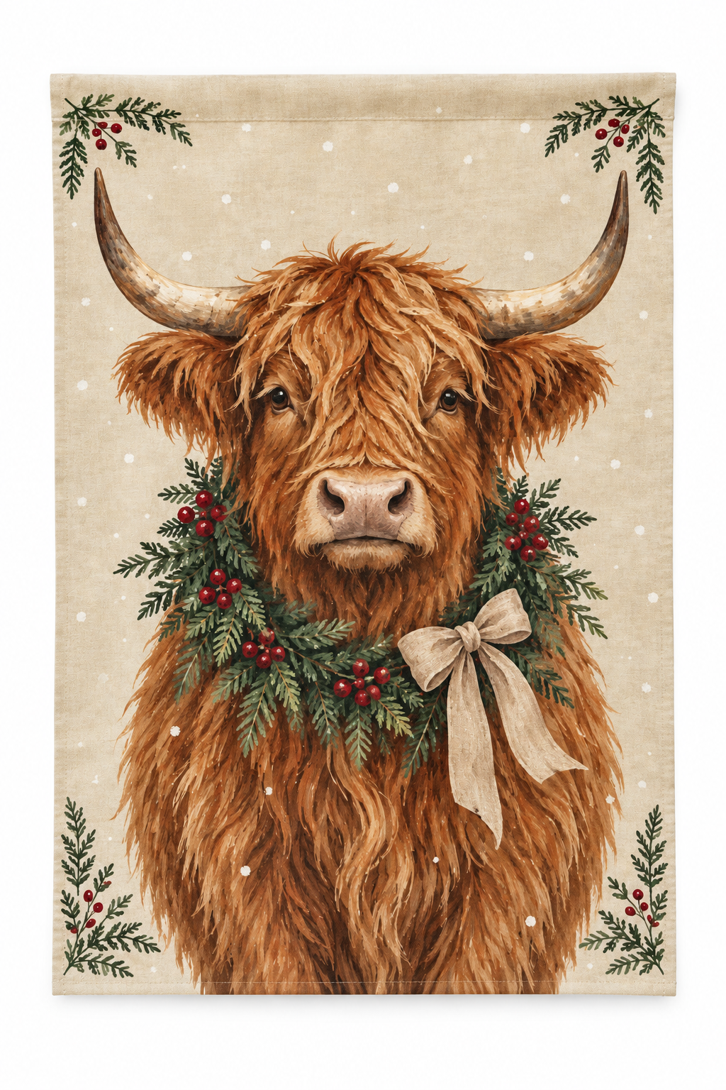 Highland Cow Christmas Printed Garden Flag on a white background, showing the complete printed design.