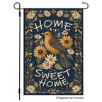Home Sweet Home garden flag with bird, sunflower, and daisy design