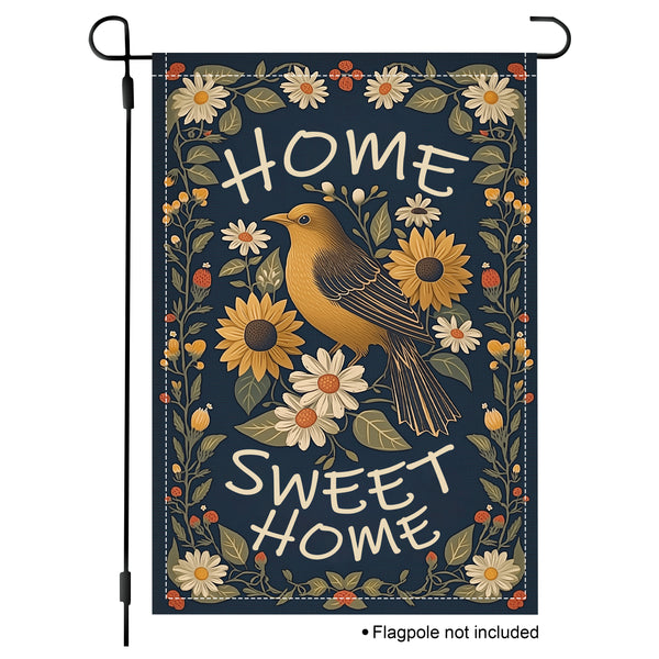 Home Sweet Home garden flag with bird, sunflower, and daisy design