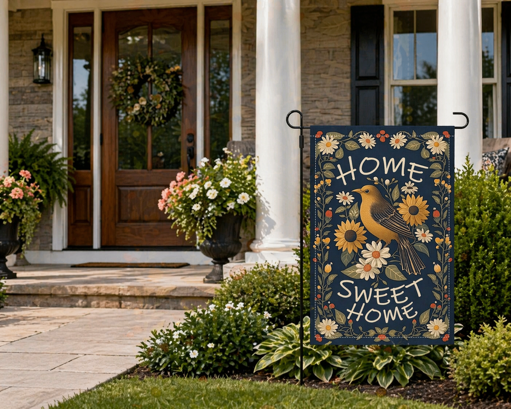 Home Sweet Home garden flag displayed by a front porch entryway
