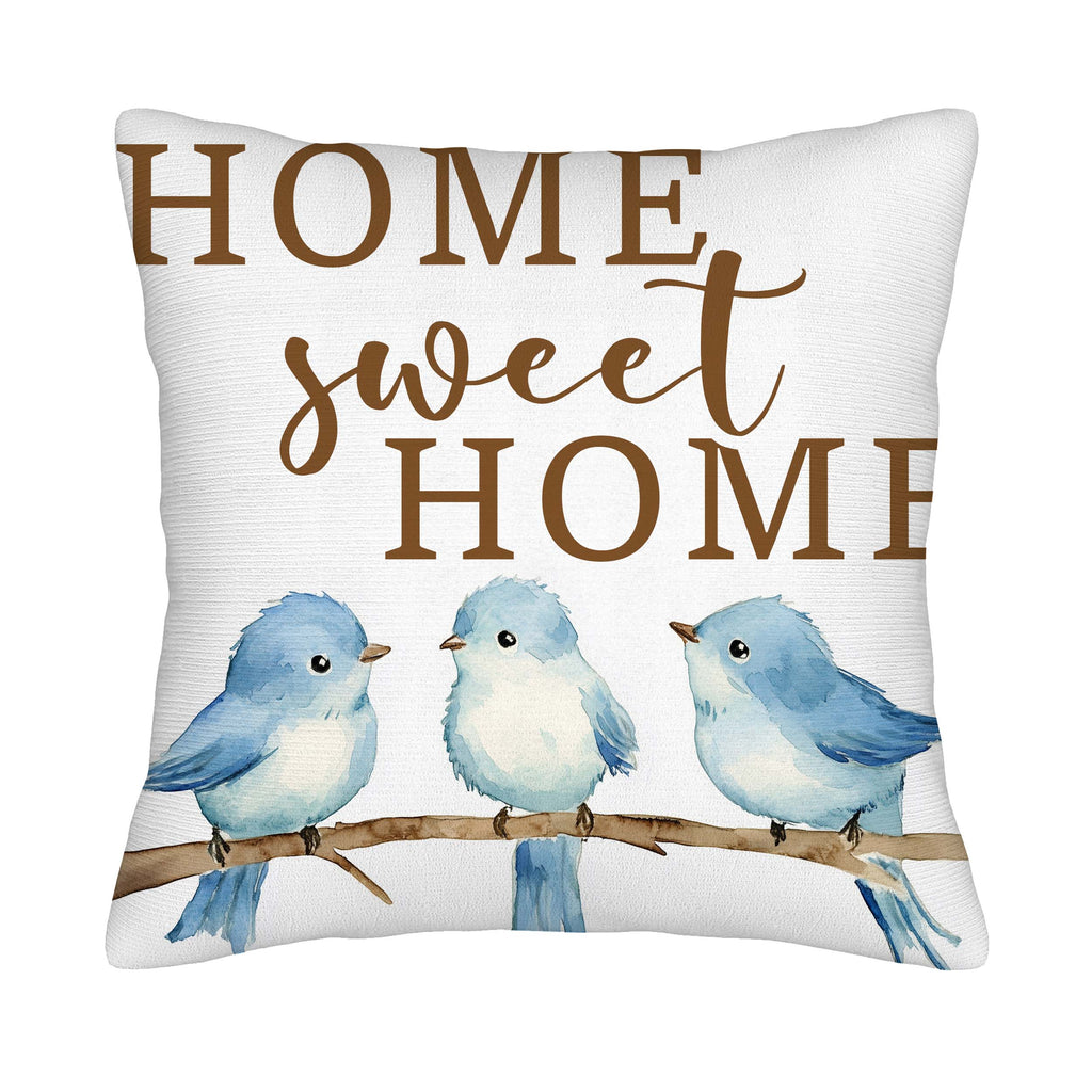 Home Sweet Home pillow cover with three blue watercolor birds on white background.
