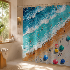 An artistic impasto oil painting shower curtain featuring turquoise ocean waves and colorful beach umbrellas, styled in a warm, sunlit bathroom with steam.