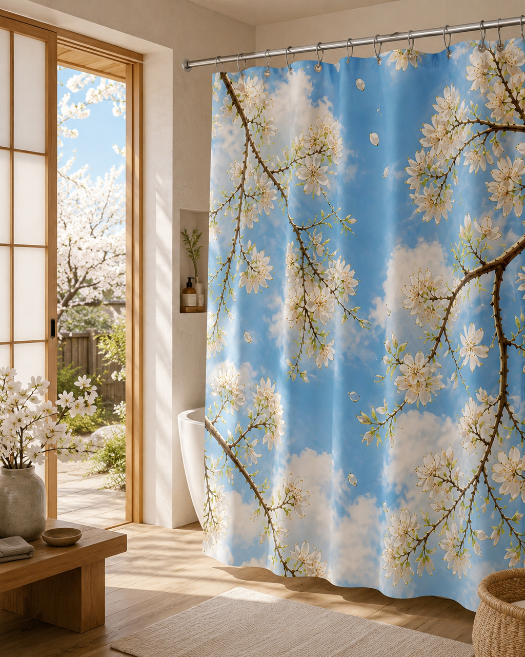 Serene Wabi-Sabi style bathroom with a wooden bench and an open door leading to a cherry blossom garden, showcasing a blue sky shower curtain.