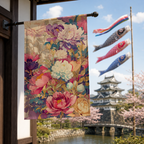 Japanese peony garden flag hanging near cherry blossoms and a castle view