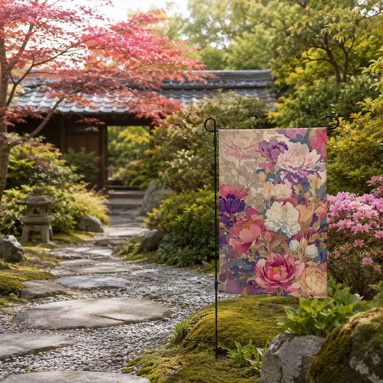 Japanese peony garden flag displayed beside a peaceful stone garden path