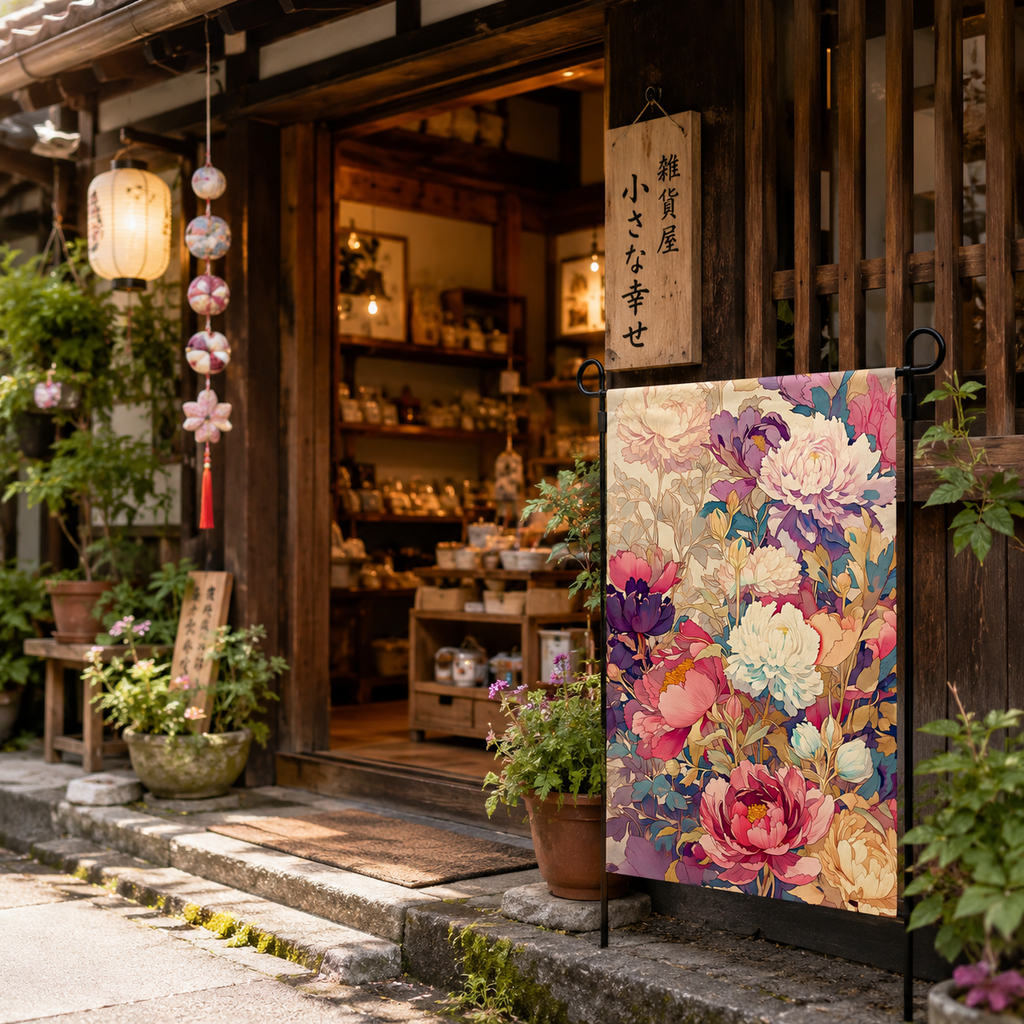 Japanese peony garden flag with soft pink, cream, and purple floral artwork