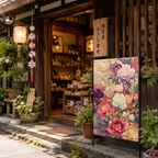Japanese peony garden flag with soft pink, cream, and purple floral artwork